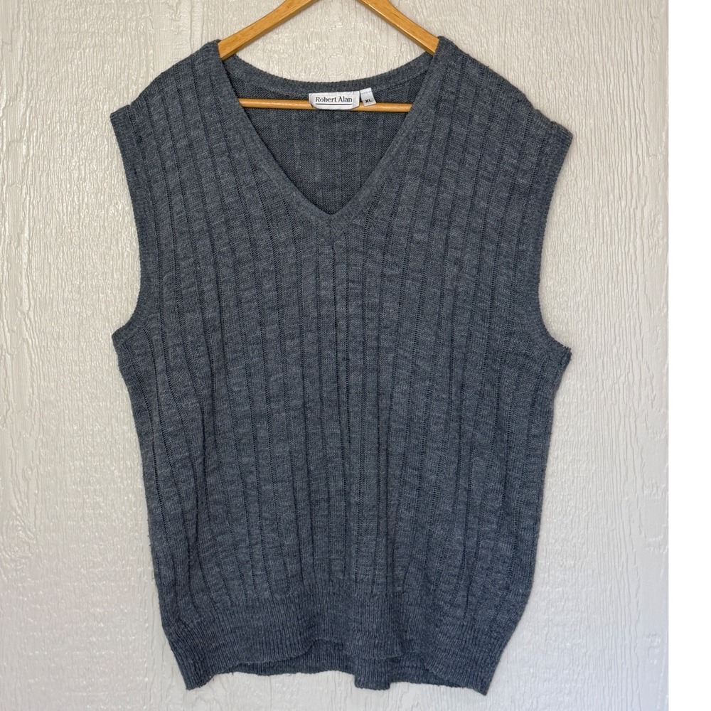 Robert Alan Mens Gray Ribbed Knit Sweater Vest XL Golf CasualCharcoal Heather